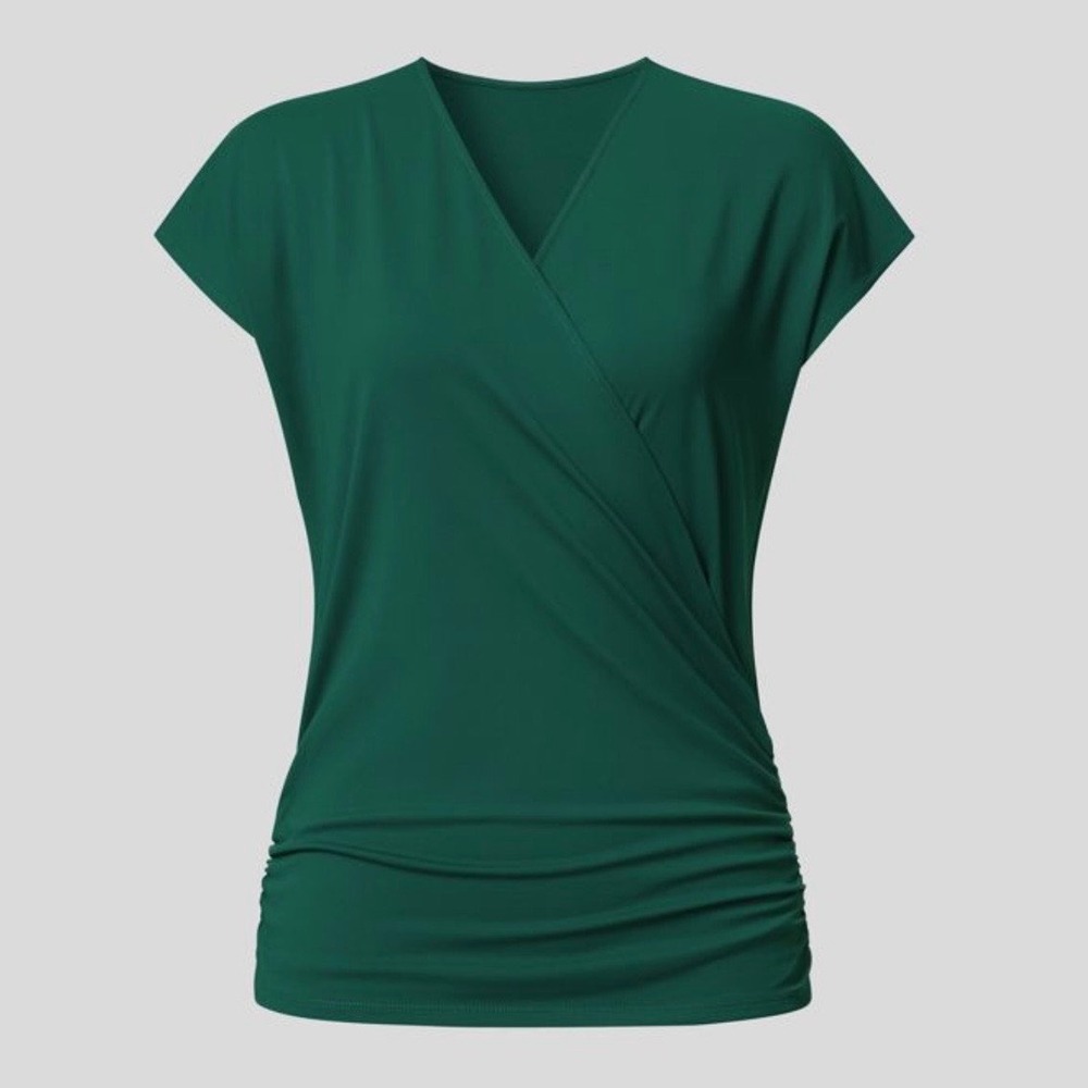 Halara Blouse Women 2X Green NWT Crossover Ruched V Neck Cap Sleeve Work Top